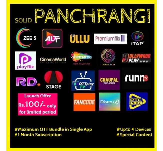 SOLID PANCHRANGI MONTHLY PACK  - 19 OTT APPS & 250+ Channels