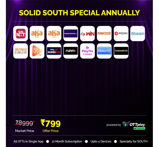 SOLID SOUTH ANNUALLY OTT BUNDLE PACK - 16 OTT Apps & 250+ Channels