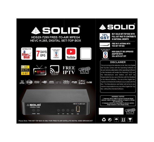  SOLID HDS2X-7299 HEVC 8bits H.265 Free-To-Air Set-Top Box