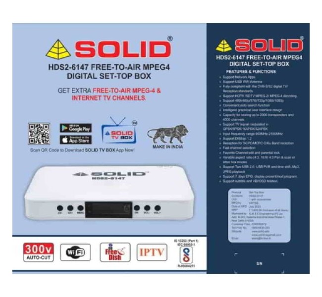 SOLID HDS2-6147 DVB-S2/MPEG-4 FullHD FTA Set-Top Box with SOLID OTT App