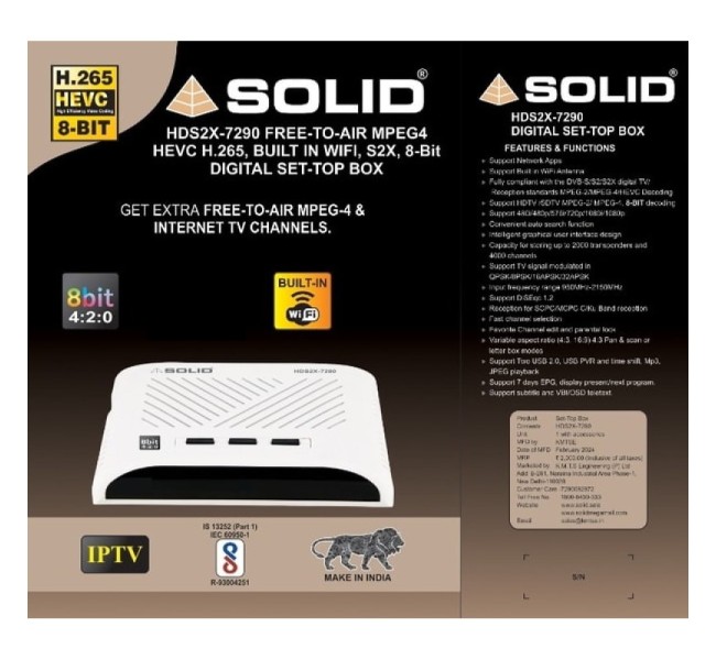  SOLID HDS2X-7290 S2X, HEVC 8bits H.265 Free-To-Air Set-Top Box