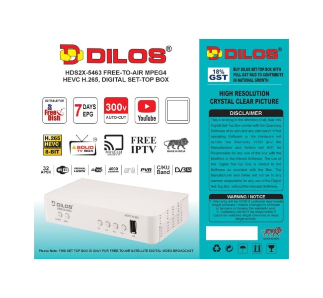  DILOS HDS2X-5463 HEVC 8bits H.265 Free-To-Air Set-Top Box